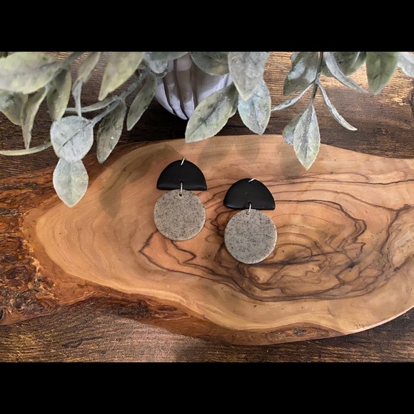 Hand Crafted Jewelry - Handmade Abstract Clay Earrings - Granite & Black